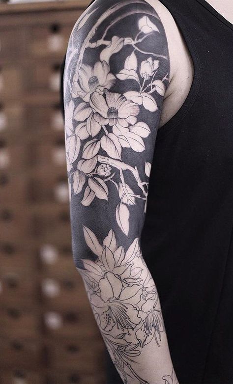 Flower full sleeve tattoo - 95 Awesome Examples of Full Sleeve Tattoo Ideas  <3 <3 Full Sleeve Tattoo Ideas, Full Tattoo, Sleeve Tattoo Ideas, Full Sleeve Tattoo Design, Blackout Tattoo, Tattoos Geometric, Black And White Flower, Flower Sleeve, Tattoo Women