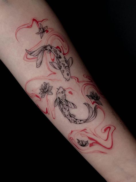 Koi Fish Red Tattoo, Flowy Arm Tattoo, Hobbiton Tattoo, All Red Tattoo, Tattoo Arm Ideas, Tattoo Around Arm, Red Tattoo Ideas, Koi Tattoo Design, Tattoo Behind Ear