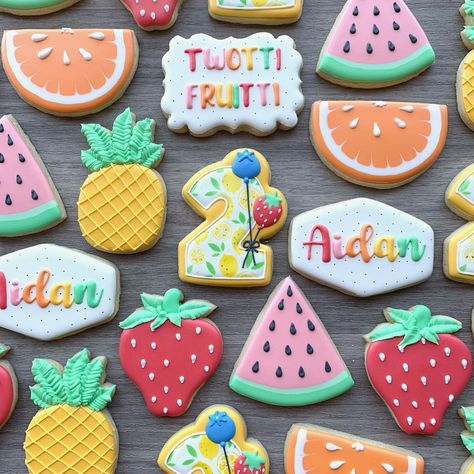 Twotti Frutti Cookies, Fruit 2nd Birthday Party, Two Tti Frutti Birthday Party Decor, Tutti Frutti Cookies, Fruity Twotti Birthday, Twotti Fruitti Birthday Party, Two Tutti Fruity Birthday, Twotti Fruitti Birthday Party Girl, Tutti Frutti Baby Shower Theme