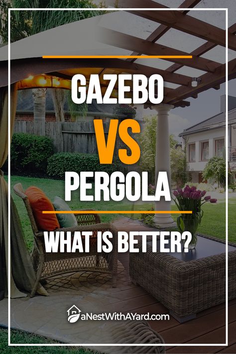 Gazebo vs pavilion? They both add value and style to any home. Read more to find out which shade structure would better fit your backyard. #gazebo #decor #backyard #landscaping Backyard Landscaping Designs Layout Pergolas, Backyard Pergola Ideas Patio Design Gazebo, Backyard Patio Designs Gazebo, Budget Gazebo Ideas, Pergola Vs Gazebo, Gazebo Against House, Gazebos On Decks Ideas, Pergola And Gazebo Together, How To Build A Gazebo On A Budget