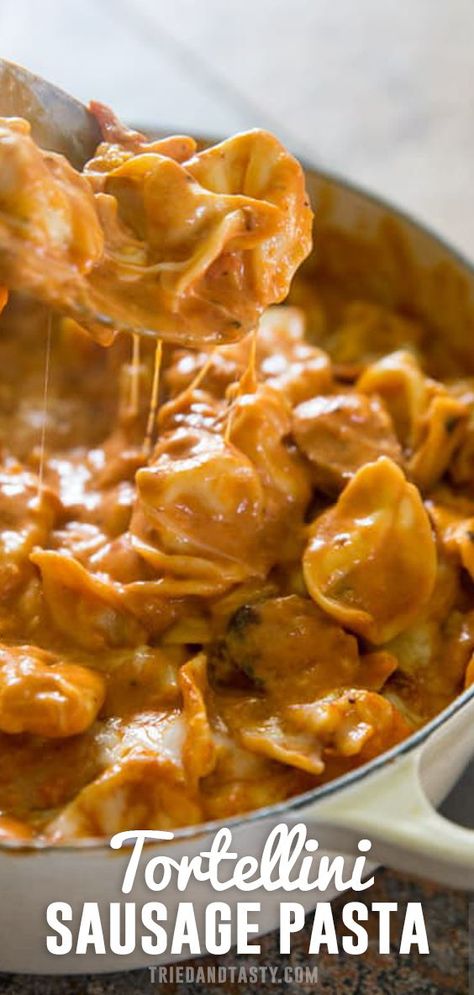 The ultimate comfort food recipe! This pasta uses cheese filled tortellini with sausage and creamy tomato sauce. Andouille Sausage And Tortellini Recipes, Tortellini Recipes Vodka Sauce, Tortellini With Sausage, Creamy Sausage Tortellini, Sausage Tortellini Recipes, Kabasa Recipes, Cheese Tortellini Recipes, Sausage Tortellini, Smoked Sausage Recipes