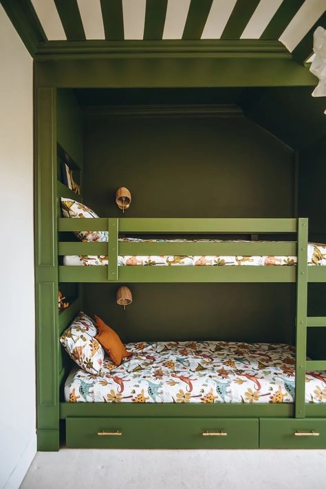 Plot Twist: This “Built-In” Bunk Bed Is Actually a $299 IKEA DIY | domino Ikea Bunk Bed Hack, Ikea Mydal, Bunk Bed Hacks, Ikea Bunk Bed, Ikea Kids Room, Recessed Shelves, Ikea Kura Bed, Diy Bunk Bed, Bunk Beds Built In