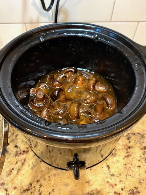 Crockpot mushrooms are delicious to serve as an appetizer or side dish. They're also perfect for adding flavor and texture to many savory dishes! #crockpotmushrooms #marinatedmushroomrecipe #slowcookermushroomrecip Mushroom Recipes Crockpot, Crockpot Mushrooms, Marinated Mushrooms Recipe, Mushroom Slow Cooker, Crockpot Snacks, Zucchini Pasta Sauce, Crock Pot Dips, Spinach Dip Recipe, Marinated Mushrooms