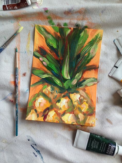 Pineapple Painting, Simple Oil Painting, Fruit Painting, Small Canvas Art, Mini Canvas Art, Painting Art Projects, Nature Paintings, Art Plastique, Acrylic Painting Canvas