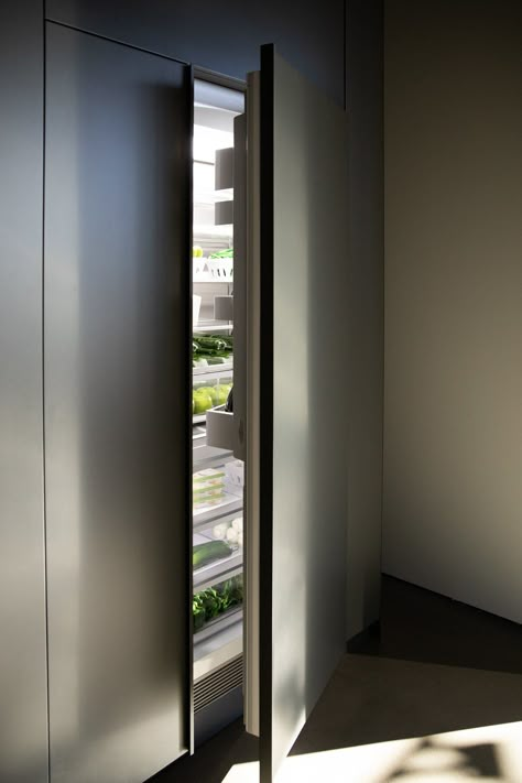 Modern Fridge Cabinet, Small Kitchen With Big Fridge, Kitchen With Hidden Fridge, Modern Fridge Refrigerators, Fridge Kitchen Cabinet, Fridge Cupboard Built Ins, Hidden Fridge Cabinet, Kitchen Hidden Fridge, Kitchen Fridge Design