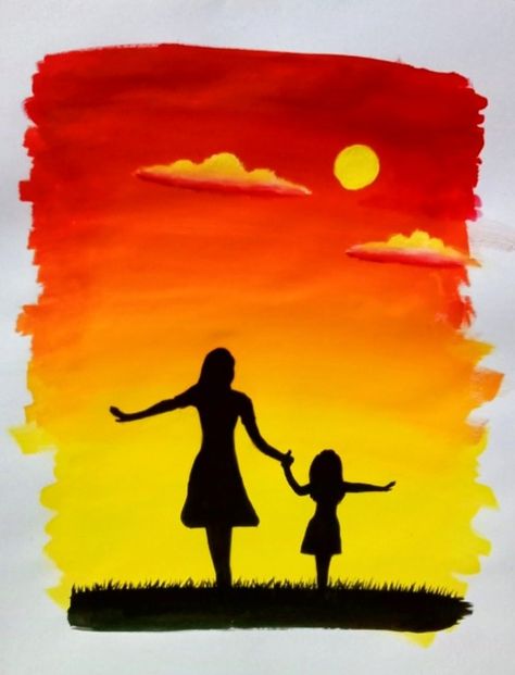 Family Silhouette Painting, Mother Daughter Painting Canvases, Drawing For Sister, Paintings For Mom From Daughter, Mom Painting Ideas, Sunset Drawing Easy, Kids Canvas Painting, Mother Painting, Special Painting