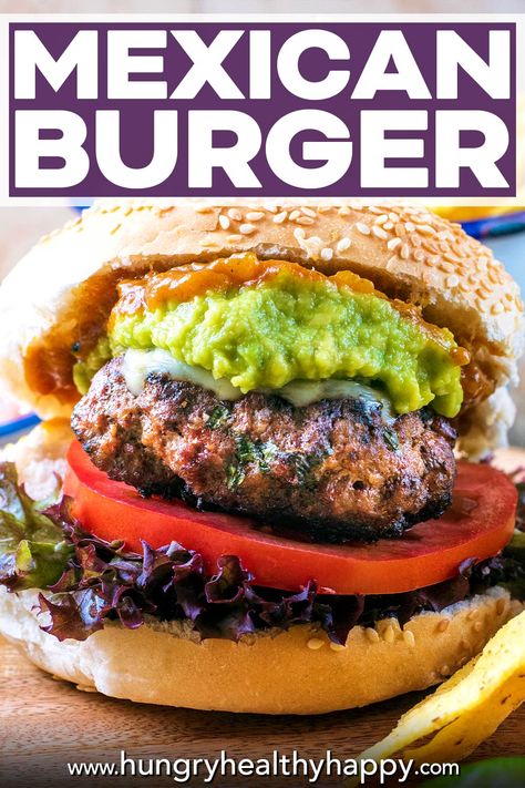 Chilli Burger Recipes, Mexican Chicken Burger, Mexican Burger Recipes, Mexican Burgers, Beef And Pork Burgers, Mediterranean Burger, Easy Homemade Burgers, Burger Patty Recipe, Mexican Burger