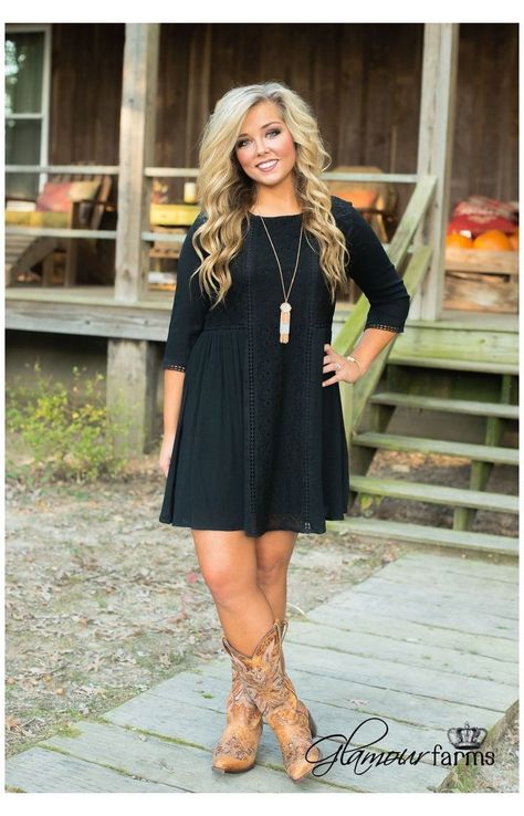 Dresses For Cowgirl Boots, Plus Size Dress With Cowboy Boots, Country Western Dresses With Boots, Dress With Boots Outfit Country, Western Casual Dresses, Dress To Wear With Cowboy Boots, Country Dress With Boots, Western Black Dress Outfit, Black Dress With Cowgirl Boots