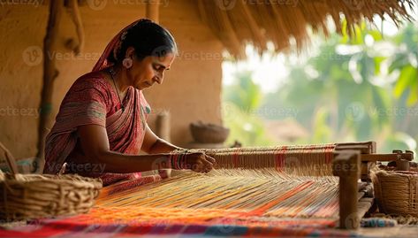 Traditional Indian weaver crafting on handloom in village settingries. Handloom Weaver, Tree Saw, Wedding People, Village Life, Heart Tree, Cityscape Photos, Heart With Arrow, Traditional Indian, Background Banner