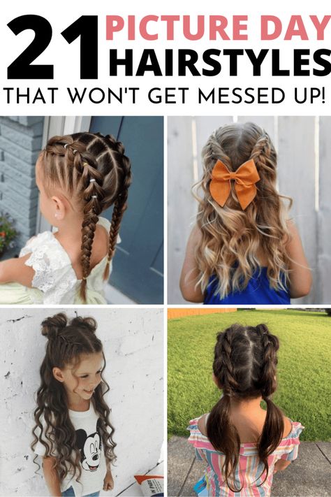 21 Easy School Picture Day Hairstyles For Kids That Won't Mess Up! - School Run Messy Bun Picture Day Hairstyles For Kids, Picture Day Hairstyles, School Picture Day, Picture Day Hair, Day Hairstyles, Easy Little Girl Hairstyles, Girl Hair Dos, Cute Hairstyles For School, Girls Hairstyles Easy