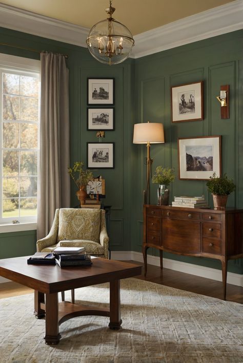 home office design, home office decor, color coordination, interior decorating Green Painted Office Walls, Green Paint Office, Green Office Room, Green Office Ideas, Olive Room, Dark Green Office, Mom Office, Office Wall Colors, Victorian Apartment