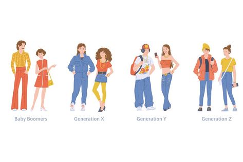 A set of characters generations x, y, z and baby boomers. Young couples man and woman or teenagers representation of different gen. Flat cartoon isolated vector illustrations. Reading Boards, Baby Boomers Generation, Generation Z, People Illustration, Gen Z, Vector Illustrations, Vector Illustration, Illustrations, Reading