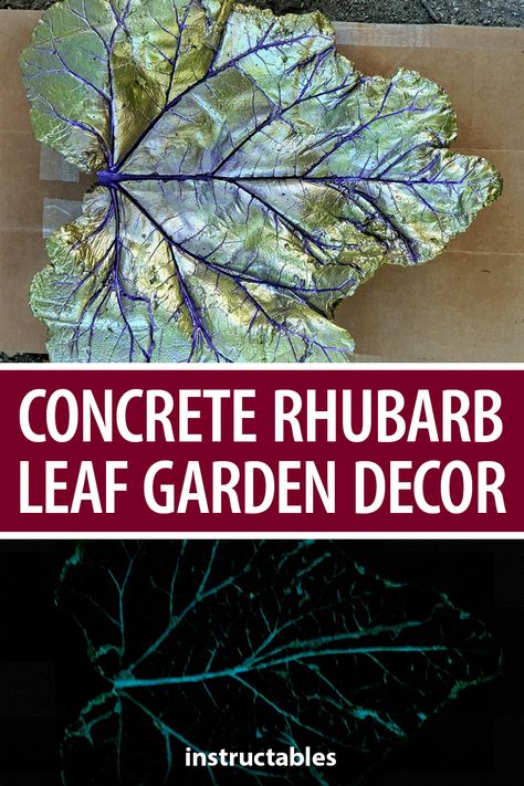 Rhubarb Leaf Stepping Stones, Painted Concrete Leaves, Cement Rhubarb Leaves How To Make, Concrete Leaves Painted, Concrete Leaves How To Make, Diy Garden Concrete Leaves, Glowing Paint, Patio Crafts, Giant Rhubarb