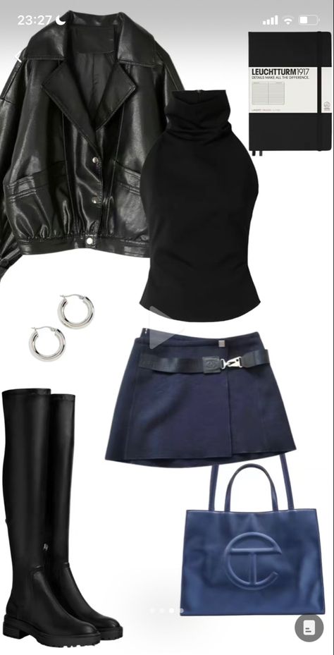 Black and dark blue oufit, miniskirt, 90s, boots, leather jacket, university fit Dark Blue Skirt Outfit, Blue Mini Skirt Outfit, Denim Mini Skirt Outfit, Blue Skirt Outfits, Dark Blue Skirt, Dark Blue Denim Jacket, 90s Boots, Blue Mini Skirt, Leather Jacket Outfits