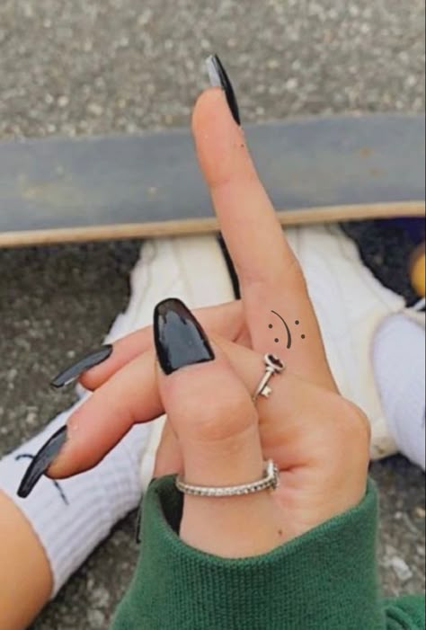 Two Tattoo, Smiley Face Tattoo, Nails Rings, Frowny Face, Cute Finger Tattoos, Magic Runes, Finger Tattoo, Small Hand Tattoos, Grooming Tips