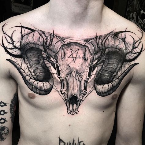 Evil Chest Tattoo For Men, Ram Chest Tattoo, Asmodeus Tattoo, Tattoo Back Man, Satyr Tattoo Design, Goat Chest Tattoo, Ram Skull Tattoo Chest, Dark Chest Tattoo, Tattoo Chest