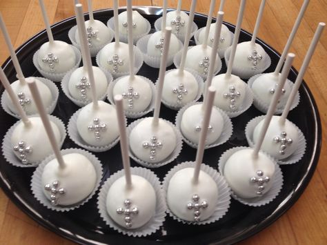 Confirmation cake pops. Confirmation Cake Pops, Confirmation Cake, Confirmation Cakes, Cake Pop Decorating, Cake Pop, Cakepops, Silver Cross, Silver Wedding, Cake Pops