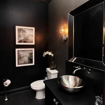 Black Powder Room Ideas, Dark Powder Room Ideas, Powder Room Ideas Elegant Modern, Room With Black Walls, Black Half Bathroom, Powder Room Ideas Modern, Powder Room Inspiration, Black And White Powder Room, Grey Powder Room