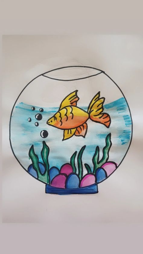 Aquarium Drawing, Water Cake, Easy Drawing Ideas, Aquarium Water, Elementary Art Projects, Drawings For Kids, Book Art Diy, Colorful Cakes, Fish Painting