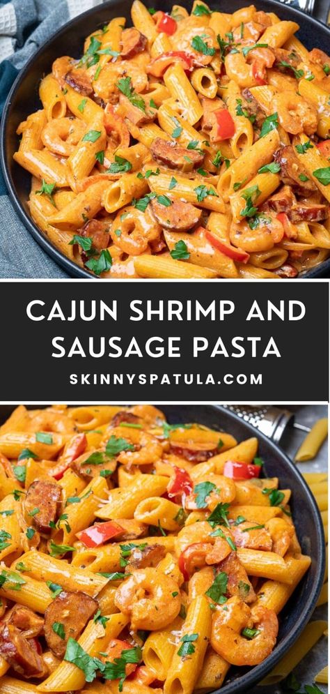 Cajun Shrimp and Sausage Pasta Sausage And Shrimp Recipes, Cajun Shrimp And Sausage Pasta, Cajun Shrimp And Sausage, Cajun Pasta Recipes, Shrimp And Sausage Pasta, Shrimp And Sausage, Seafood Meals, Cajun Pasta, Cajun Dishes