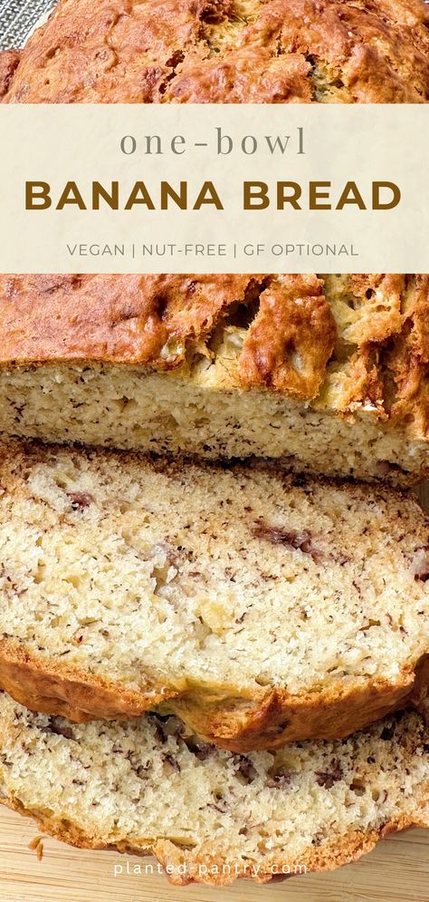 This is the absolute best vegan banana bread. It is super simple and uses ingredients you likely already have in your pantry. Peanut and tree-nut safe! Vegetarian Banana Bread, Banana Recipes Vegan, Easy Vegan Snacks, Best Vegan Banana Bread, Vegan Banana Bread Easy, One Bowl Banana Bread, Banana Bread Vegan, Vegan Banana Bread Recipe, Vegan Breads