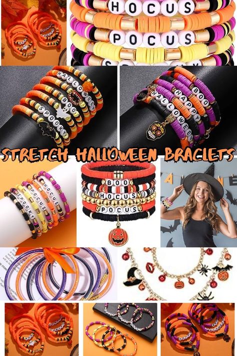 Halloween Jewelry Diy, Make Clay Beads, Heishi Bracelets, Craft Halloween, Clay Bracelets, Vinyl Disc, Homemade Bracelets, Autumn Jewelry, Bracelet Craft