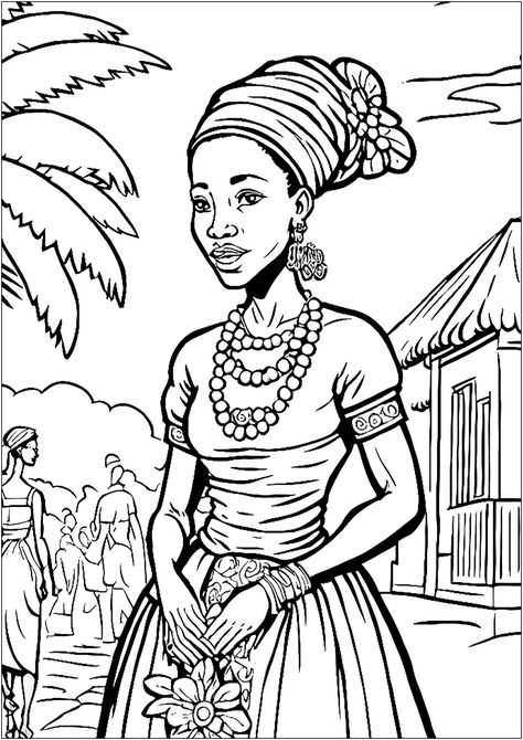 African woman in typical clothes, in a beautiful village Africa Coloring Pages, African Drawings, African Village, Minions Coloring Pages, Pop Art Coloring Pages, Forearm Sleeve, Forearm Sleeve Tattoos, Coloring Art, Village Girl