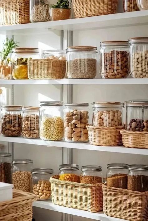 A beautifully organized kitchen pantry with glass jars, baskets and neat display Glass Containers Kitchen Food Storage Organized Pantry, Glass Pantry Organization, Glass Pantry Storage, Kitchen Pantry Shelves, Cluttered Shelves, Open Pantry Shelves, Functional Pantry, Organize My Kitchen, Organizing Your Pantry