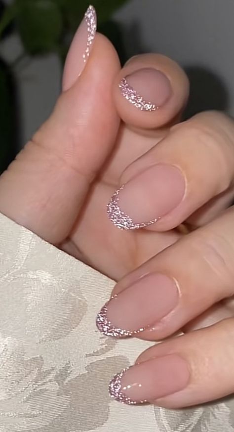 Rose Gold Sparkle French Tip Nails, Rose Gold Glitter Tip Nails, Pink Glitter French Tips Almond, Light Sparkle Nails, French Tip Nails Shimmer, Pink Glitter Tip Nails, Sparkly Tip Nails, Glitter Pink French Tip Nails, Glittery Pink Nails French Tip