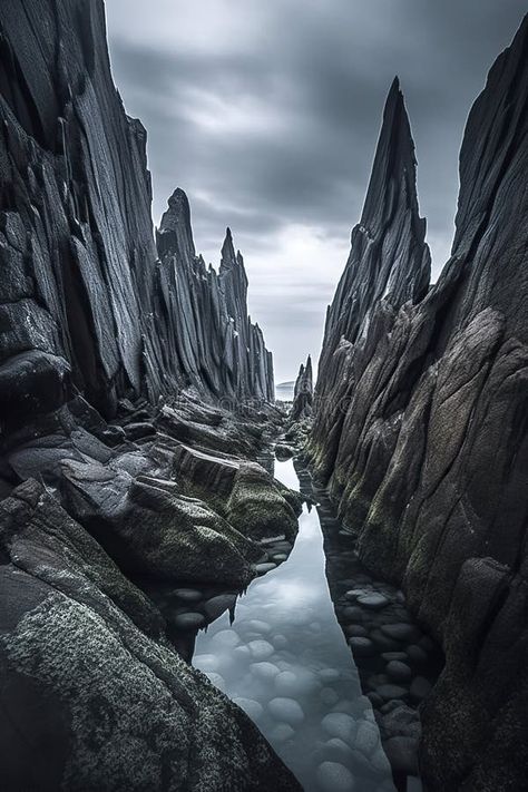 A rocky coastline with jagged cliffs extends into a calm, blue-green sea under a blue-gray, cloudy sky, ai generative stock photo Fantasy Rocky Landscape, Underwater Rocks, Rocks Under Water, Cloudy Sky Illustration, Rocky Island, Rocky Coastline, Sky Illustration, Environment Sketch, Waves Crashing Against Rocks