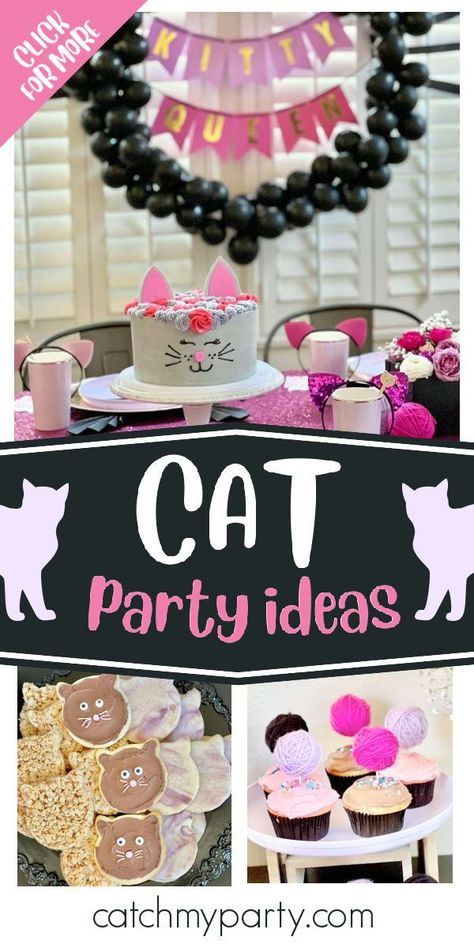 Take a look at this cute cat-themed birthday party! Love the cookies! See more party ideas and share yours at CatchMyParty.com Cat Theme Cake Kid Birthdays, Cat Themed Birthday Party Food Snacks Ideas, Cat Themed Crafts, Cat Party Games, Cat Themed Birthday Party Food, Cat Themed Food, Cat Birthday Party Ideas, Cat Party Ideas, Cat Themed Party