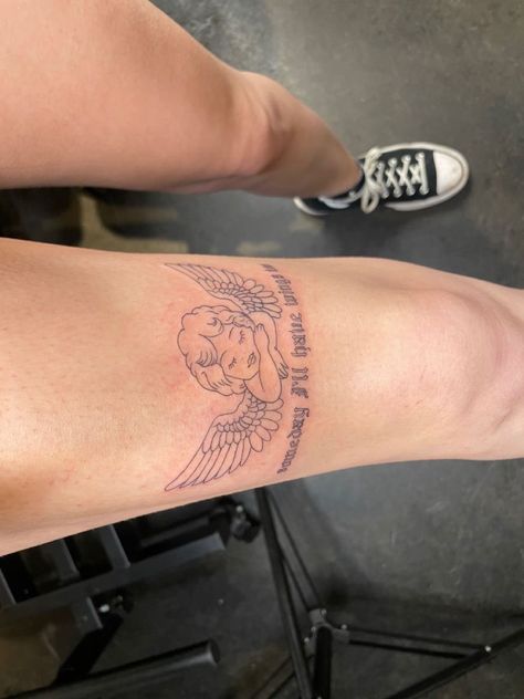 Cherub Leg Tattoo, Cute Above Knee Tattoos Women, Angel Tattoo On Thigh, City Of Angels Tattoo, Angel Tattoo Thigh, Thigh Tattoos Women Above Knee, Angel Knee Tattoo, 3 Angels Tattoo Designs, Angel Tattoo On Leg