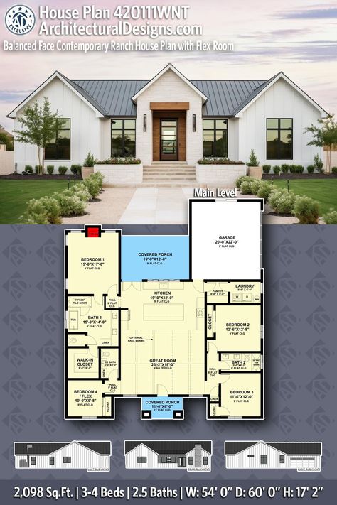 House Plan 420111WNT gives you 2000 square feet of living space with 3 - 4 bedrooms and 2.5 baths Contemporary Ranch Home, Faux Beams, Ranch House Plan, Matching Pairs, Bungalow House Plans, Flex Room, Beautiful House Plans, Family House Plans, Ranch House Plans