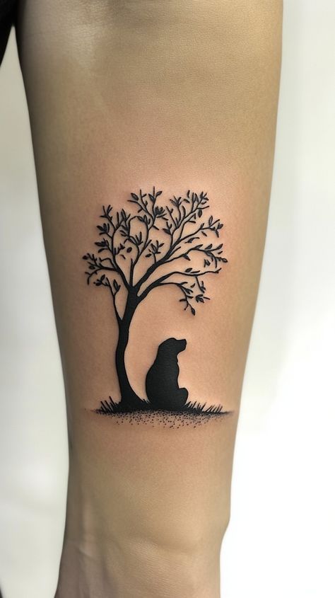 Dog Tree Tattoo, Lab Silhouette Tattoo, Subtle Tattoos Men, Dog Rescue Tattoo, Black Lab Tattoos, Minimalistic Dog Tattoo, Black Dog Tattoo, Simple Dog Tattoo, Small Mens Tattoos