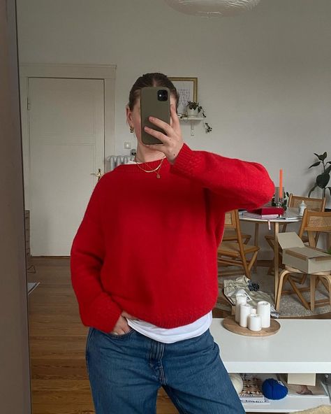 Marie (@mariefhm) • Instagram photos and videos Red Crew Neck Sweater Outfit, Red Jumper Outfit Aesthetic, Red Oversized Sweater Outfit, Red Polo Sweater Outfit, How To Style A Red Sweater, Red Knitted Sweater Outfit, Red Cropped Sweater Outfit, Sweater Rojo Outfit, Oversized Red Sweater Outfit