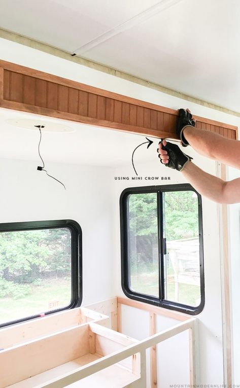 how-to-remove-trim-moulding-around-slide-out-in-rv-mountainmodernlife.com Motorhome Remodel, Rv Redo, Rv Interior Remodel, Camper Trailer Remodel, Trailer Decor, Diy Camper Remodel, Diy Rv, Travel Trailer Remodel, Rv Renovations