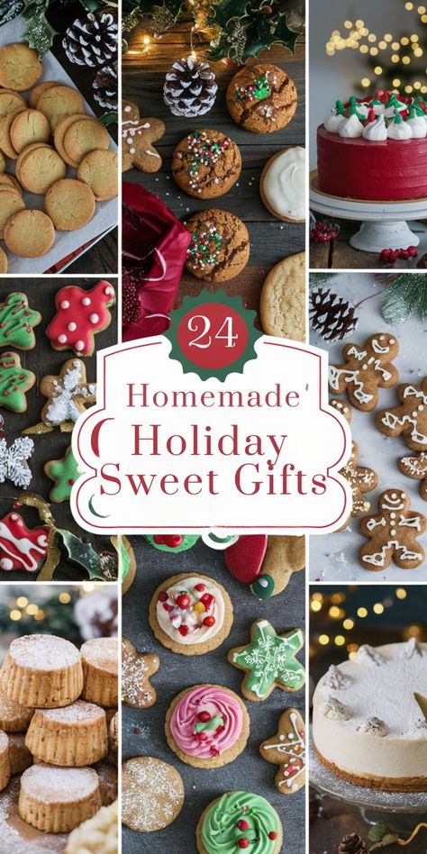 Festive collage showcasing holiday sweets: cookies, cake, gingerbread men. Decorative lights and pinecones add a warm, cheerful holiday vibe. Food Christmas Gifts, Christmas Baked Goods, Baked Goods Gifts, Holiday Baked Goods, Baked Goods Recipes, Christmas Treats For Gifts, Food Christmas, Frugal Mom, Homemade Holiday