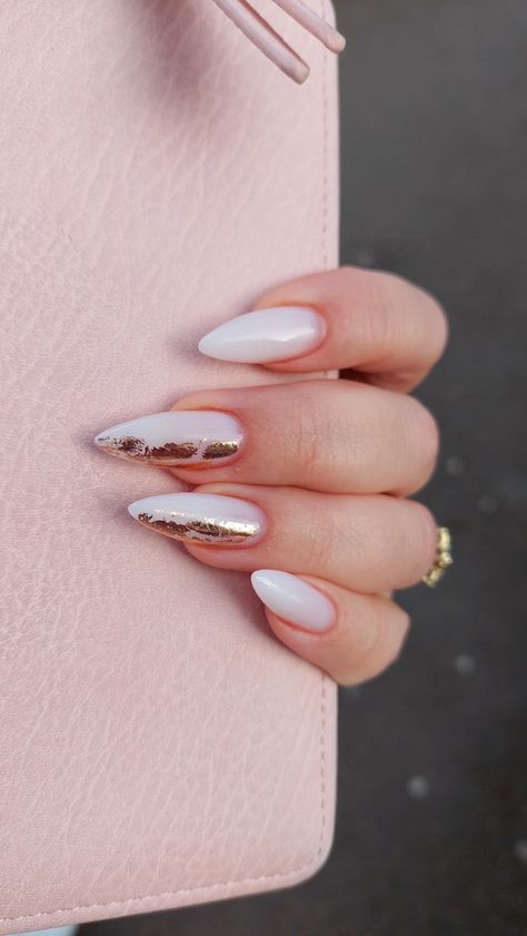 2023 nails Nail Gold Foil, Milky White Nail, Gold Foil Nails, Nail Gold, 2023 Nails, August Nails, Diva Nails, White Nail, Foil Nails