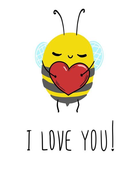 The bee says I love you. Cute insect with heart postcard, poster, background. Hand drawn vector illustration. Thinking Of You Cute, I Love You Images Cute, I Love You Cute Pics, Postcard Poster, Neat Gift Ideas, Bee Decals, Staff Appreciation Week, Bee Cookies, Cute I Love You