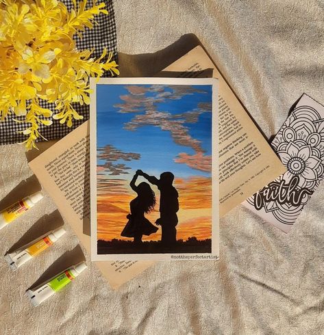 Pretty sunset Couple portrait | couple art | couple portrait poses Couple Poses Painting, Couple Painting In Canvas, Cute Couple Paintings On Canvas, Couple Shadow Painting, Couples Acrylic Painting Ideas, Couple Polaroid Painting, Aesthetic Couple Painting, Acrylic Couple Painting, Couple Portraits Painting