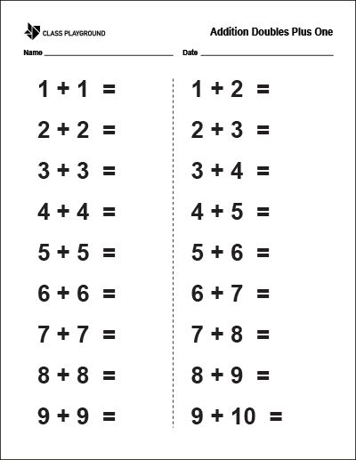 Printable Addition Doubles Plus One Worksheet - Class Playground Doubles Worksheet 2nd Grade, Doubles Addition Worksheet, Doubles Plus One Worksheet, Doubles Plus 1, Doubles Worksheet, Doubles Plus One, Teaching Subtraction, Number Words Worksheets, First Grade Math Worksheets