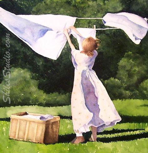 Watercolor People, Laundry Art, Laundry Day, 수채화 그림, Hanging Clothes, Windy Day, Pictures To Paint, Clothes Line, Clean Laundry