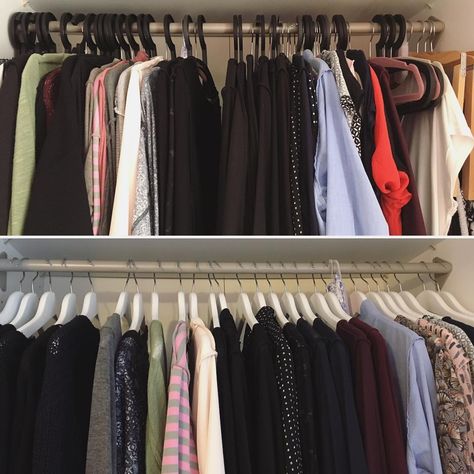 White vs black hangers. Everything looks tidier with white hangers! (And after you actually rearranged clothes in the closet... 😆) #eastermonday #closet… Clothes In The Closet, White Hangers, Black Hangers, In The Closet, Closet White, The Closet, Hangers, Closet, White