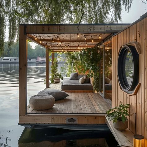 Rolo | The Writer’s Boat House - In this AI conceptualization I focus on the creation of a personalized Boat House for a writer who loves the sea… | Instagram Waterfront Design, Boat House Interior, Houseboat Living, House Flippers, Future Space, Quiet Space, Alternate Reality, House Floor Design, Boat House