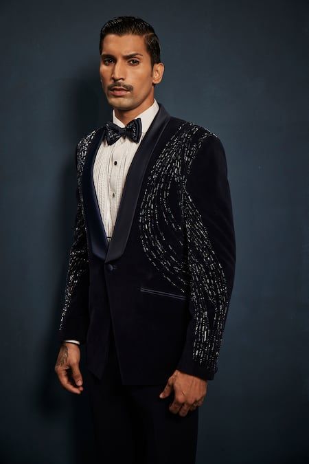 Buy Blue Velvet Embellished Theo Metallic Galaxy Tuxedo And Pant Set For Men by Sarab Khanijou Online at Aza Fashions. Groom Tuxedo Blue, Fancy Kurta For Men, Designer Tuxedo, Blue Tux, Bollywood Theme, Prom Suits For Men, Velvet Tuxedo, Blue Suit Men, Blue Shawl