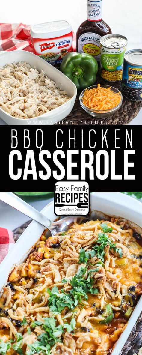 My Kids LOVE this BBQ Chicken Casserole! It is a super easy dinner and can even be made with leftover shredded chicken or rotisserie chicken. Love this kid friendly recipe! Bbq Chicken Casserole, Shredded Bbq Chicken, Chicken Casserole Easy, Super Easy Dinner, Rotisserie Chicken Recipes, Chicken Recipes Casserole, Easy Casserole, Easy Family Meals, Chicken Casserole