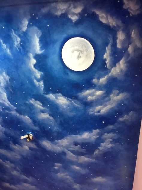 This #mural was #handpainted by Artworks by Marcine in #NJ for a #baby boy’s #nursery using the #Giants dark #blue as a starting off point! To #bring your #Mural Idea to #Life please contact Marcine- 908-599-2129 or visit www.artworksbymarcine.com! Night Sky Ceiling Paint, Night Sky Mural Diy, Night Sky Ceiling Mural, Night Sky Ceiling, Starry Sky Painted Ceiling, Night Sky Wall Mural, Boardroom Ideas, Sky Ceiling Mural, Night Sky Mural