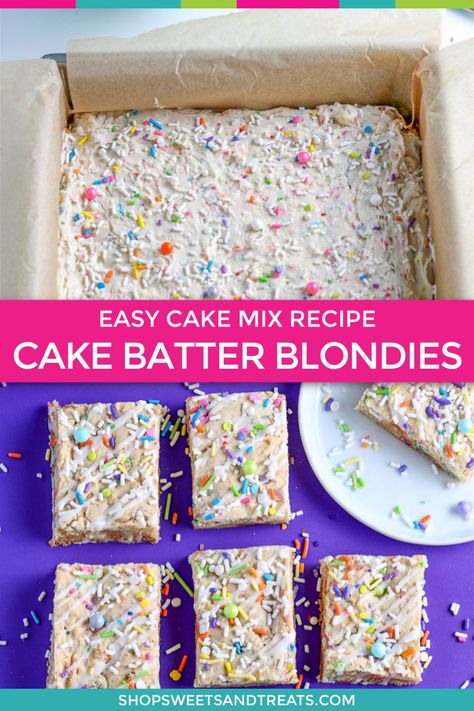 Cake Mix Blondies Recipe, Cake Mix Blondies, Brownies From Cake Mix, Funfetti Cake Mix Recipes, Cake Batter Blondies, Homemade Funfetti Cake, Blondies Recipe Easy, Blondie Cake, Vanilla Brownies