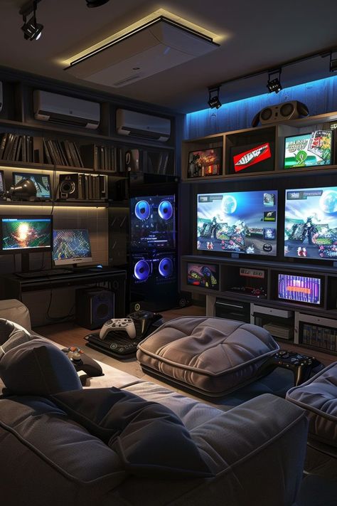 22 Game Room Ideas - Remodr Chill Game Room Ideas, Lounge Game Room Ideas, Chill Gaming Room, Teen Game Room Ideas, Game Room In Basement, Aesthetic Game Room, Modern Gaming Room, Small Game Room Ideas, Gamer Living Room