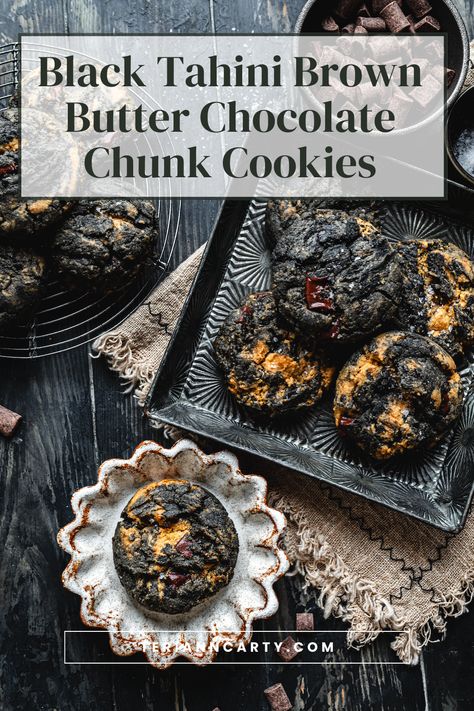 Black Tahini Brown Butter Chocolate Chunk Cookies (gluten-free!) Black Tahini Cookies, Black Tahini Recipes, Black Tahini, Tahini Recipes, Health Cookies, Tahini Cookies, Tahini Recipe, Breakfast Sides, Crumbl Cookies